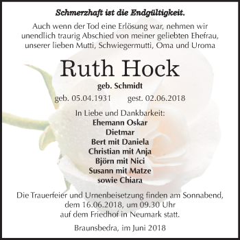 Traueranzeige von Ruth Hock von Mitteldeutsche Zeitung Merseburg/Querfurt