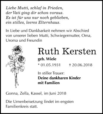 Traueranzeige von Ruth Kersten von Mitteldeutsche Zeitung