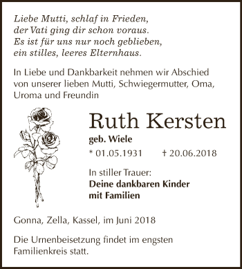 Traueranzeige von Ruth Kersten von Super Sonntag SGH Mansf. Land