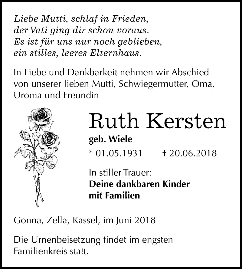 Traueranzeige für Ruth Kersten vom 30.06.2018 aus Mitteldeutsche Zeitung