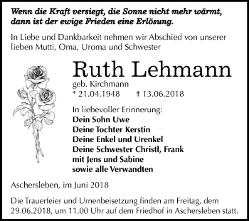 Traueranzeige von Ruth Lehmann von Mitteldeutsche Zeitung Aschersleben