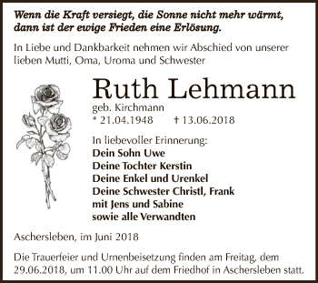 Traueranzeige von Ruth Lehmann von Super Sonntag Aschersleben