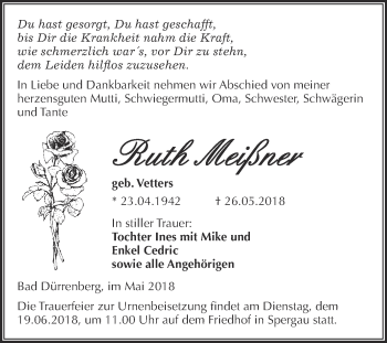 Traueranzeige von Ruth Meißner von Super Sonntag Merseburg