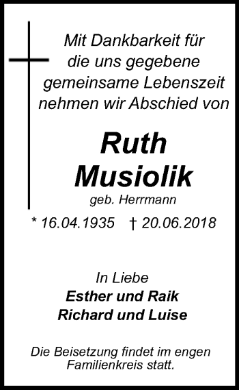 Traueranzeige von Ruth Musiolik von Mitteldeutsche Zeitung