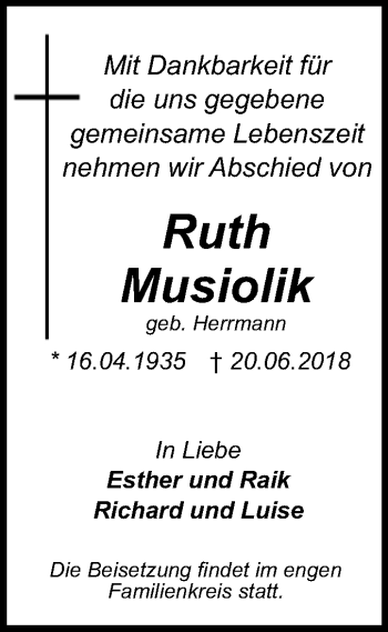 Traueranzeige von Ruth Musiolik von Mitteldeutsche Zeitung Dessau-Roßlau