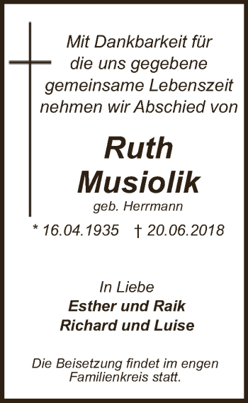 Traueranzeige von Ruth Musiolik von WVG - Wochenspiegel Dessau / Köthen