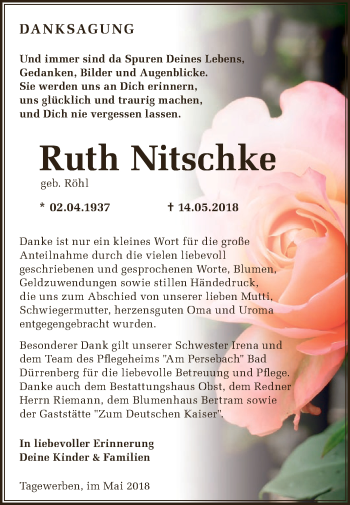 Traueranzeige von Ruth Nitschke von Super Sonntag Aschersleben
