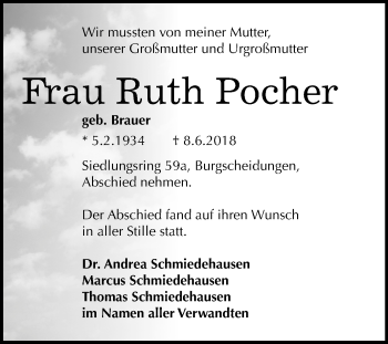 Traueranzeige von Ruth Pocher von Mitteldeutsche Zeitung