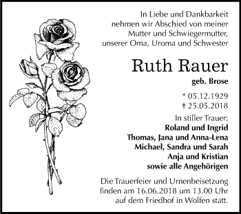 Traueranzeige von Ruth Rauer von Mitteldeutsche Zeitung Bitterfeld