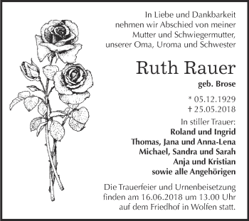 Traueranzeige von Ruth Rauer von WVG - Wochenspiegel Bitterfeld