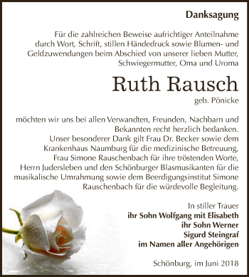 Traueranzeige von Ruth Rausch von WVG - Wochenspiegel NMB / WSF / ZTZ