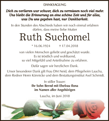 Traueranzeige von Ruth Suchomel von WVG - Wochenspiegel NMB / WSF / ZTZ