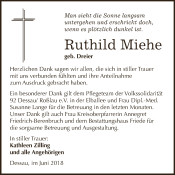 Traueranzeige von Ruthild Miehe von WVG - Wochenspiegel Dessau / Köthen