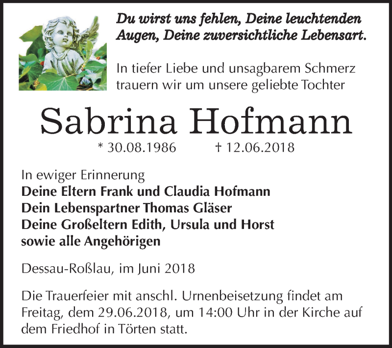  Traueranzeige für Sabrina Hofmann vom 16.06.2018 aus Mitteldeutsche Zeitung Dessau-Roßlau