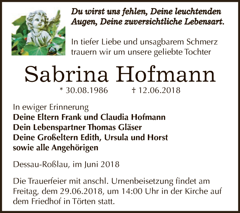  Traueranzeige für Sabrina Hofmann vom 16.06.2018 aus WVG - Wochenspiegel Dessau / Köthen
