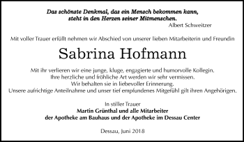 Traueranzeige von Sabrina Hofmann von Mitteldeutsche Zeitung Dessau-Roßlau