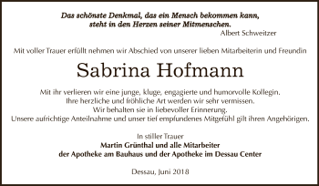 Traueranzeige von Sabrina Hofmann von Super Sonntag Dessau / Köthen