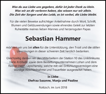 Traueranzeige von Sebastian Hammer von Mitteldeutsche Zeitung Bitterfeld