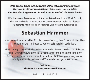 Traueranzeige von Sebastian Hammer von WVG - Wochenspiegel Bitterfeld