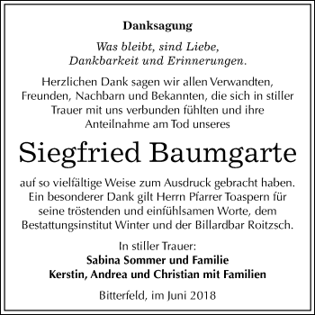 Traueranzeige von Siegfried Baumgarte von Mitteldeutsche Zeitung Bitterfeld