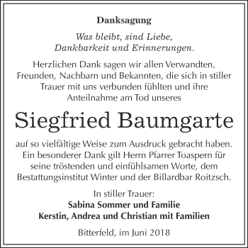 Traueranzeige von Siegfried Baumgarte von WVG - Wochenspiegel Bitterfeld