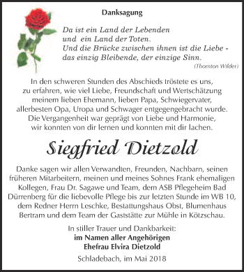 Traueranzeige von Siegfried Dietzold von Super Sonntag Merseburg