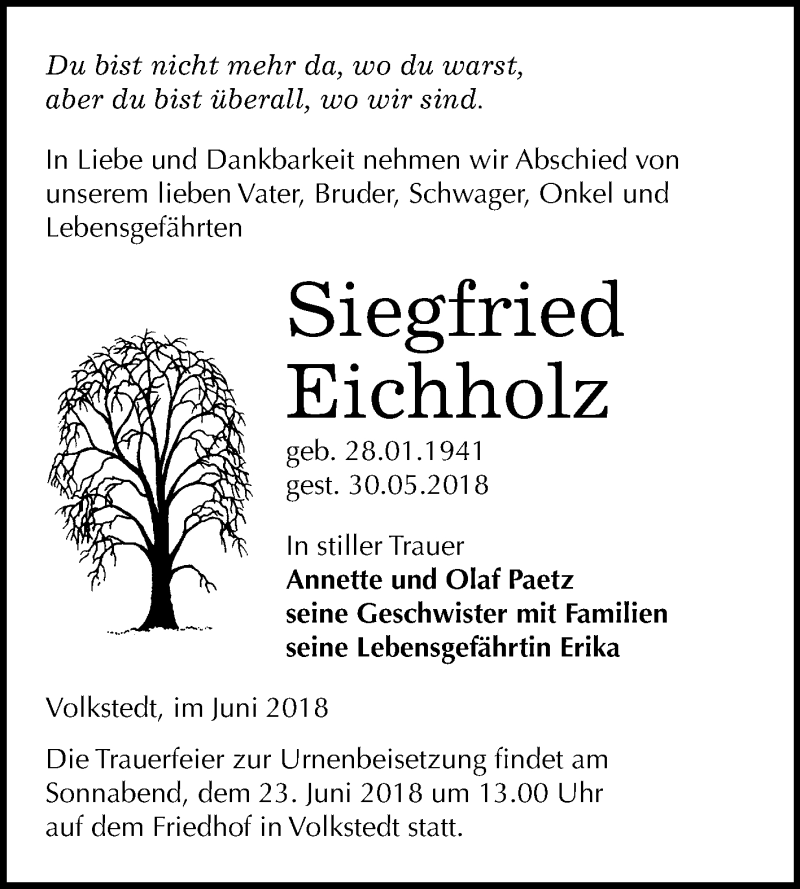 Traueranzeigen von Siegfried Eichholz www.abschiednehmen.de