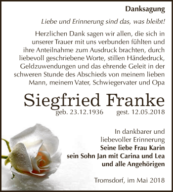Traueranzeige von Siegfried Franke von WVG - Wochenspiegel NMB / WSF / ZTZ