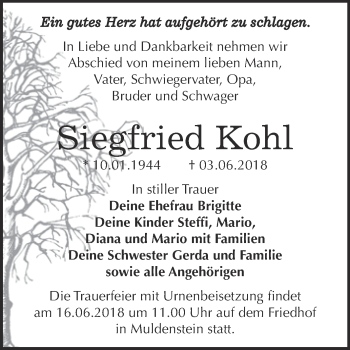 Traueranzeige von Siegfried Kohl von WVG - Wochenspiegel Bitterfeld