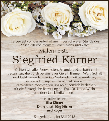 Traueranzeige von Siegfried Körner von Super Sonntag SGH Mansf. Land
