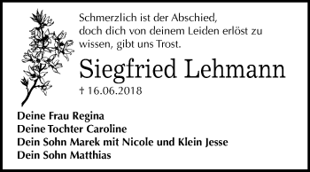 Traueranzeige von Siegfried Lehmann von Mitteldeutsche Zeitung