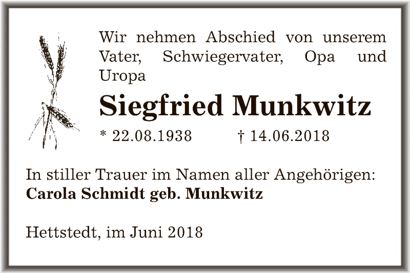  Traueranzeige für Siegfried Munkwitz vom 23.06.2018 aus Super Sonntag SGH Mansf. Land