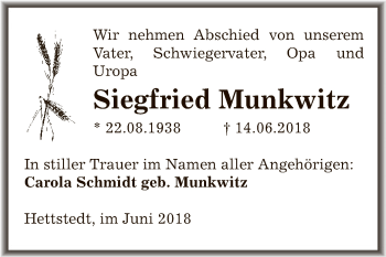 Traueranzeige von Siegfried Munkwitz von Super Sonntag SGH Mansf. Land