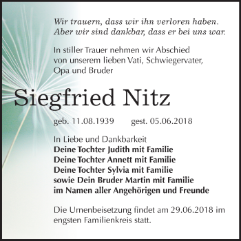 Traueranzeige von Siegfried Nitz von Mitteldeutsche Zeitung Bitterfeld