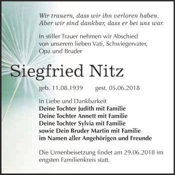 Traueranzeige von Siegfried Nitz von WVG - Wochenspiegel Bitterfeld