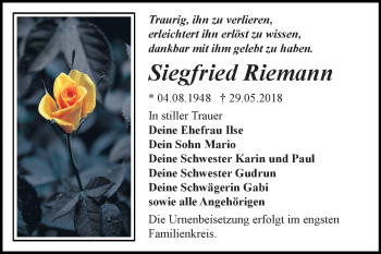 Traueranzeige von Siegfried Riemann von Mitteldeutsche Zeitung Bitterfeld