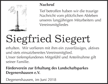 Traueranzeige von Siegfried Siegert von Super Sonntag Quedlinburg