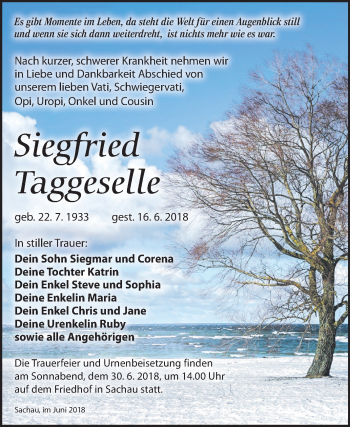 Traueranzeige von Siegfried Taggeselle von Mitteldeutsche Zeitung