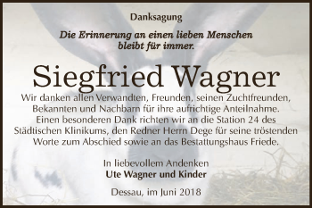 Traueranzeige von Siegfried Wagner von WVG - Wochenspiegel Dessau / Köthen