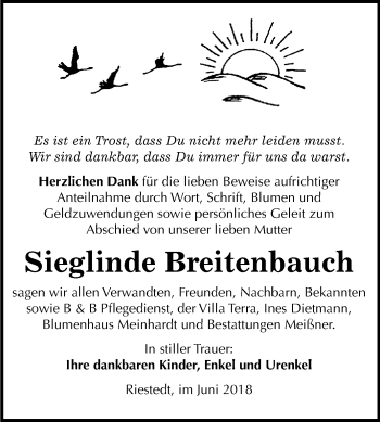Traueranzeige von Sieglinde Breitenbauch von Mitteldeutsche Zeitung Sangerhausen