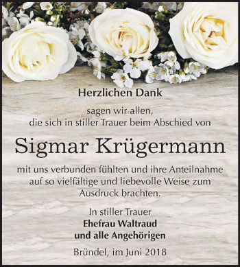 Traueranzeige von Sigmar Krügermann von Mitteldeutsche Zeitung Bernburg