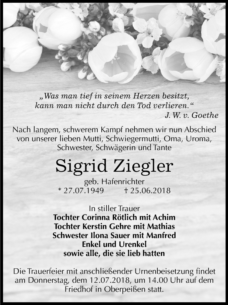  Traueranzeige für Sigrid Ziegler vom 30.06.2018 aus Mitteldeutsche Zeitung Bernburg