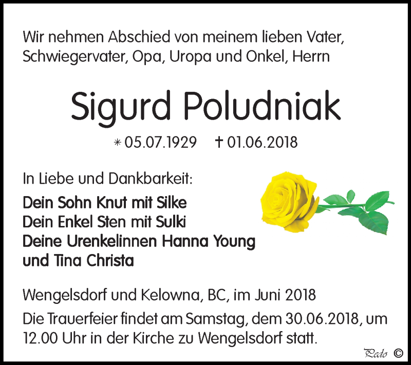  Traueranzeige für Sigurd Poludniak vom 09.06.2018 aus Mitteldeutsche Zeitung Merseburg/Querfurt