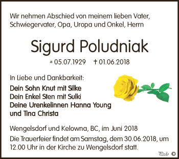 Traueranzeige von Sigurd Poludniak von WVG - Wochenspiegel NMB / WSF / ZTZ