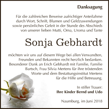 Traueranzeige von Sonja Gebhardt von WVG - Wochenspiegel NMB / WSF / ZTZ