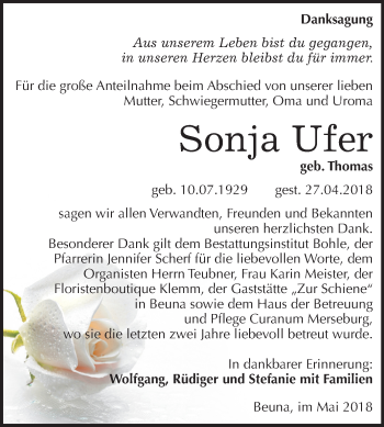 Traueranzeige von Sonja Ufer von Mitteldeutsche Zeitung