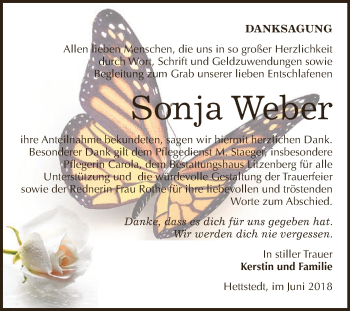 Traueranzeige von Sonja Weber von Wochenspiegel Mansfelder Land
