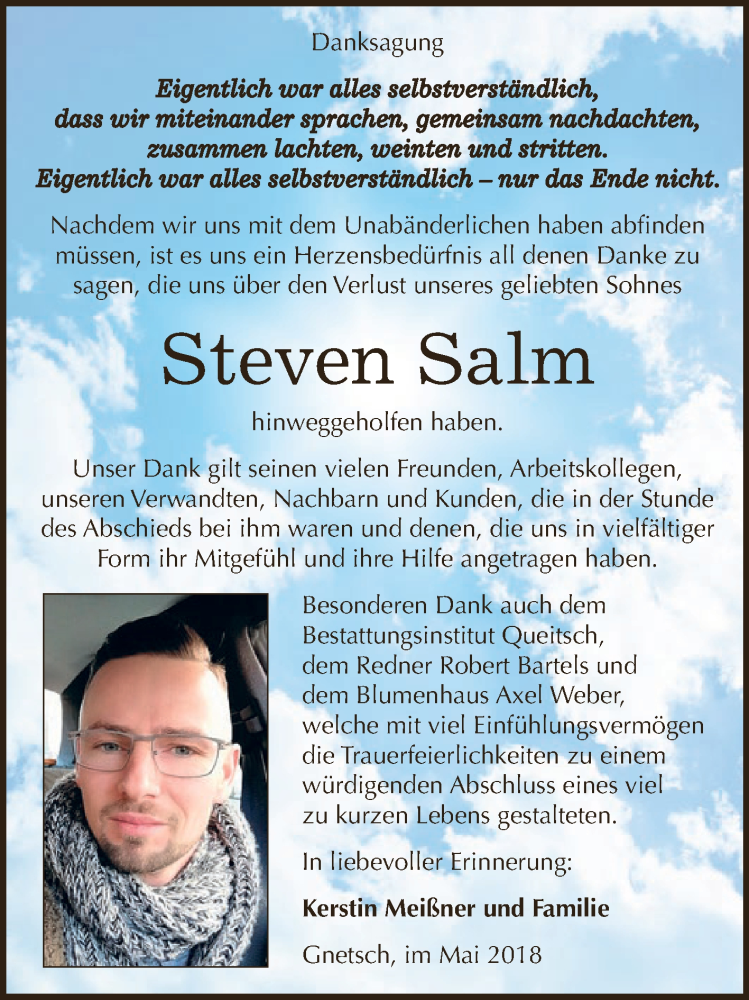  Traueranzeige für Steven Salm vom 02.06.2018 aus WVG - Wochenspiegel Dessau / Köthen