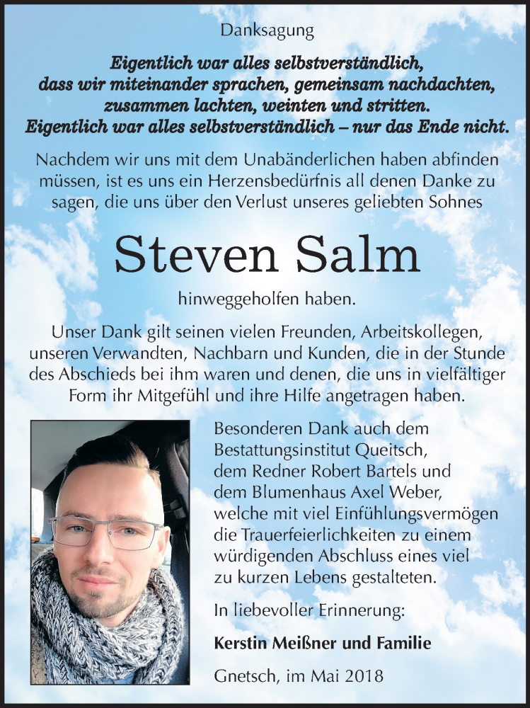  Traueranzeige für Steven Salm vom 02.06.2018 aus Mitteldeutsche Zeitung