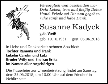 Traueranzeige von Susanne Kadyck von Mitteldeutsche Zeitung Halle/Saalkreis